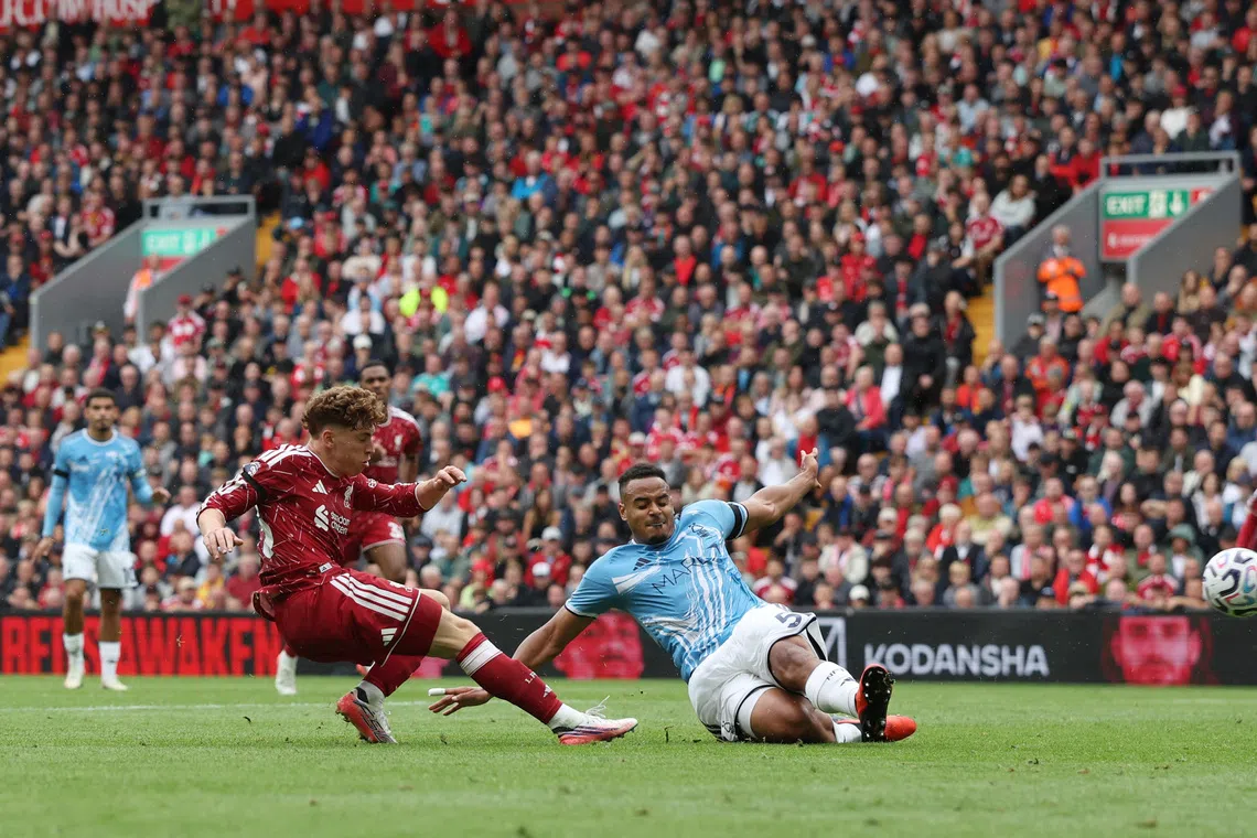 Liverpool’s Victor Munoz scoring their second goal against Nottingham Forest to rescue a point in a 2-2 Premier League draw at Anfield on Aug 29.