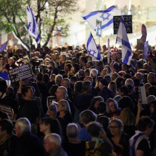 Israelis protest against Israeli Prime Minister Benjamin Netanyahu and his government in Tel Aviv, Israel, on April 25, 2026.