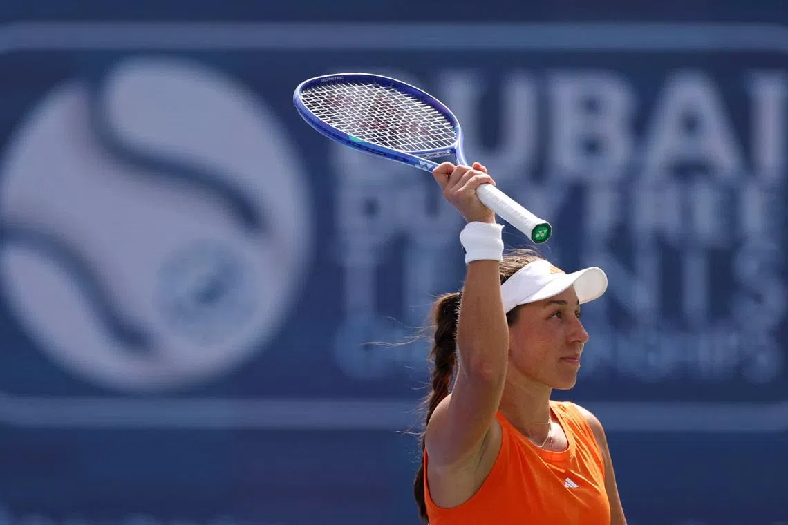 Tennis - WTA 1000 - Dubai Championships - Dubai Tennis Stadium, Dubai, United Arab Emirates - February 17, 2026 Jessica Pegula of the U.S. celebrates after winning her round of 32 match against France's Varvara Gracheva REUTERS/Amr Alfiky