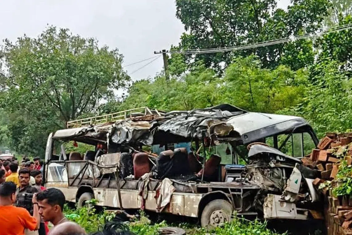 Visuals from the site in Jharkhand state showed the mangled wreckage of the bus, with its rear portion almost entirely burnt.