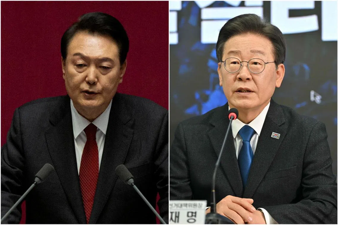 The meeting is the first President Yoon Suk-yeol (left) has held with opposition leader Lee Jae-myung since taking office.