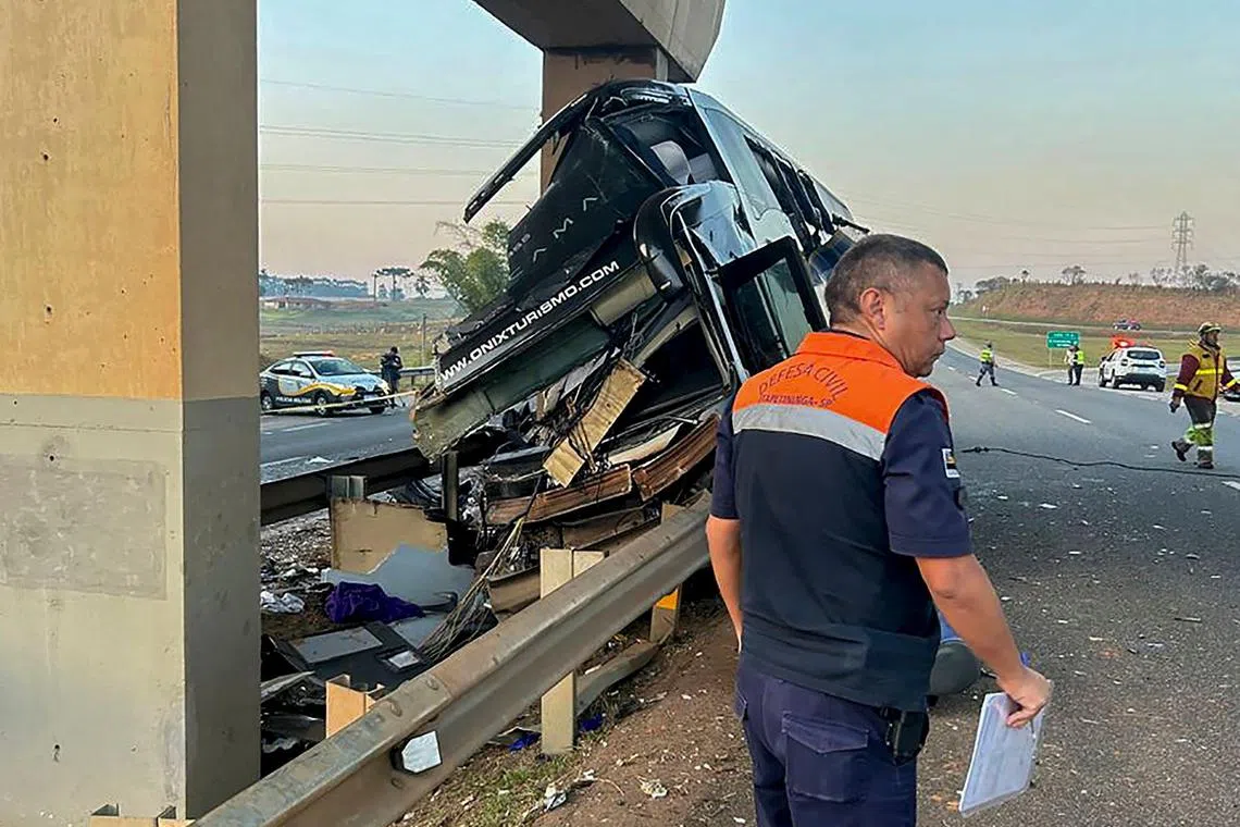 Ten people died when a tourist bus crashed into a highway pillar in Brazil’s southeastern Sao Paulo state.