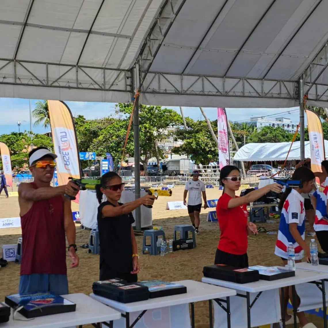 Singapore pentathletes Marcus Ong (far left) and Nicole Low (second from left) will be representing the Republic at the Thailand SEA Games in December.