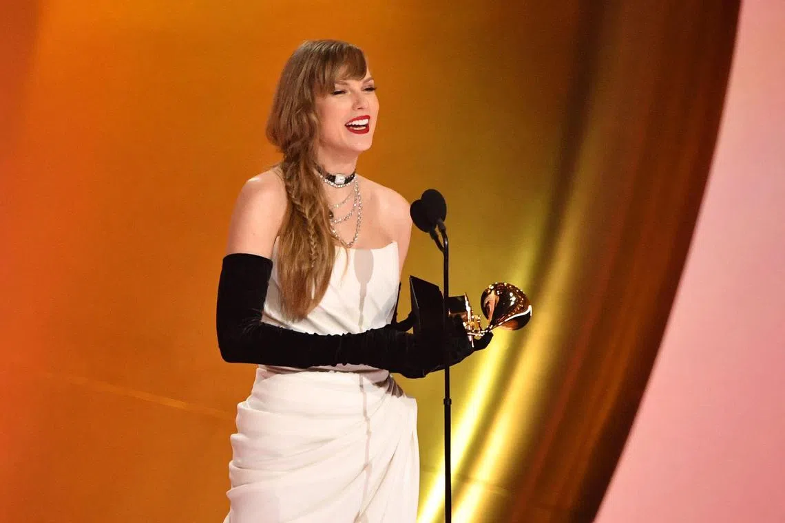 US singer-songwriter Taylor Swift accepts the Best Pop Vocal Album award for Midnights at the 66th Annual Grammy Awards on Feb 4, 2024. 