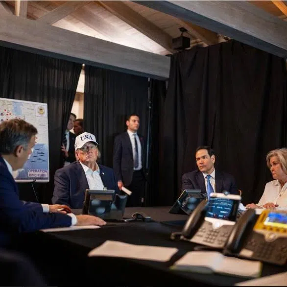 US President Donald Trump (second from left), US Secretary of State Marco Rubio and White House Chief of Staff Susie Wiles monitoring activity related to "Operation Epic Fury” against Iran on Feb 28, 2026.