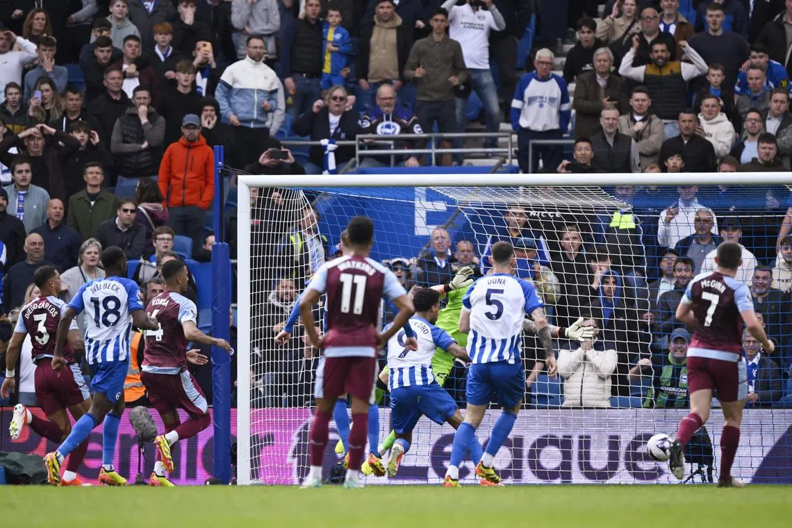 Brighton and Hove Albion forward Joao Pedro pounces on the rebound after his penalty was saved by Aston Villa goalkeeper Robin Olsen. The Seagulls won the English Premier League clash 1-0 at the Amex Stadium.