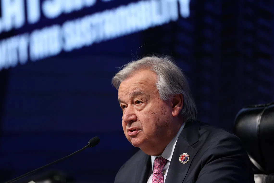 U.N. Secretary-General Antonio Guterres speaks during a press conference, ahead of his participation in the 47th ASEAN Summit in Kuala Lumpur, Malaysia October 27, 2025. REUTERS/Chalinee Thirasupa