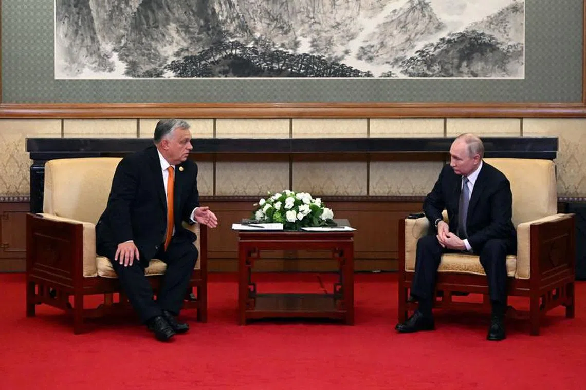 Russian President Vladimir Putin attends a meeting with Hungarian Prime Minister Viktor Orban ahead of the Belt and Road Forum in Beijing, China, October 17, 2023. Sputnik/Grigory Sysoyev/Pool via REUTERS