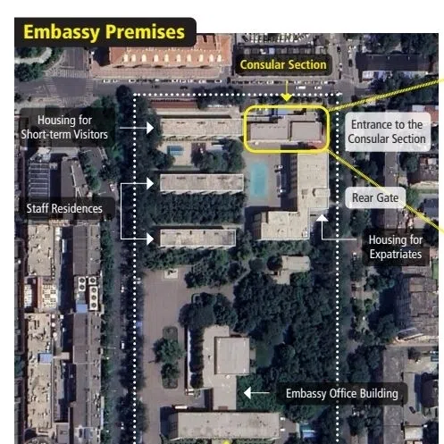 The main functions of buildings within the North Korean Embassy in Beijing, including the location identified as housing an underground detention facility.
