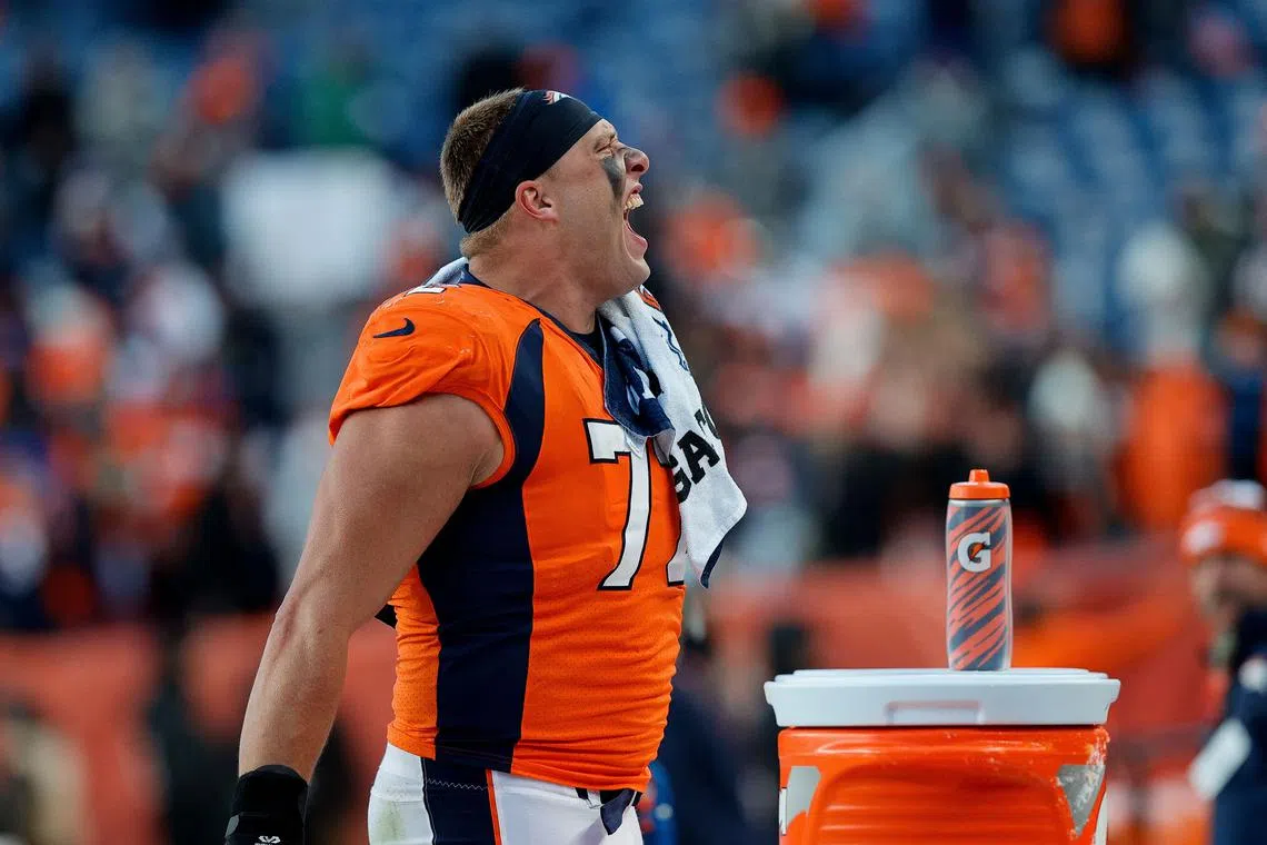 FILE PHOTO: Oct 29, 2023; Denver, Colorado, USA; Denver Broncos offensive tackle Garett Bolles (72) reacts after the game against the Kansas City Chiefs at Empower Field at Mile High. Mandatory Credit: Isaiah J. Downing-USA TODAY Sports/File Photo