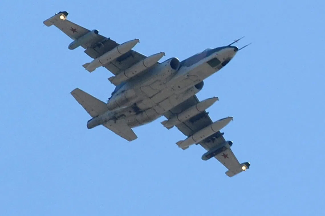 An illustration of a Russian Su-25 fighter-bomber aircraft.