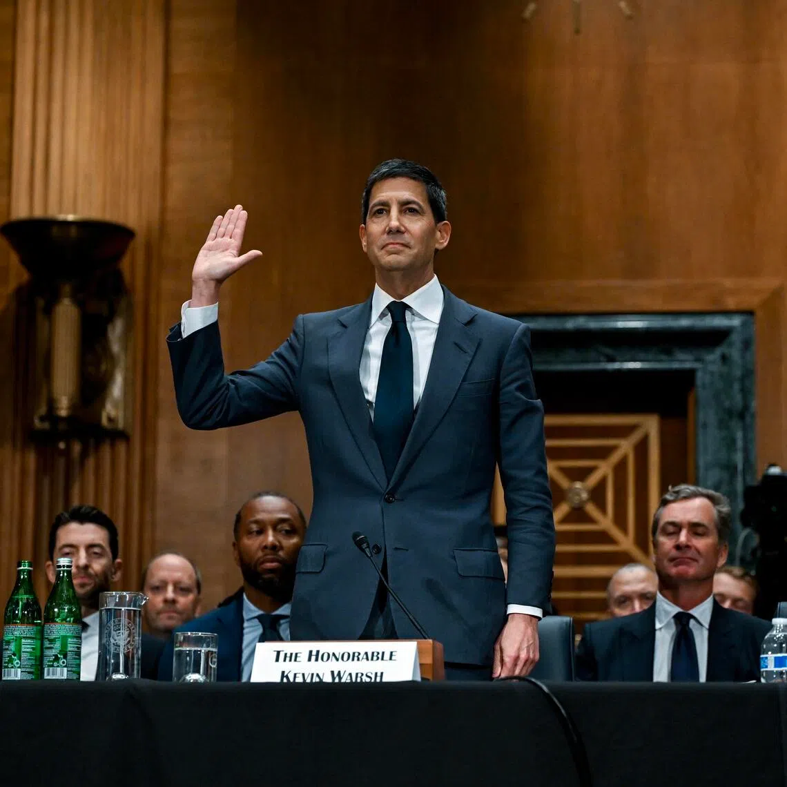 Mr Kevin Warsh being sworn in at his Senate nomination hearing in April 2026.