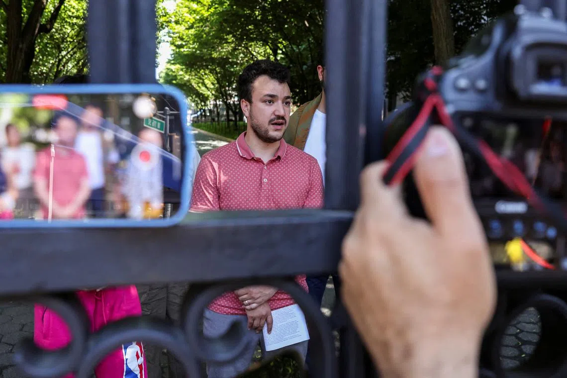 FILE PHOTO: Mahmoud Khalil speaks to members of media about the Revolt for Rafah encampment at Columbia University during the ongoing conflict between Israel and the Palestinian Islamist group Hamas in Gaza, in New York City, U.S., June 1, 2024. REUTERS/Jeenah Moon/File Photo