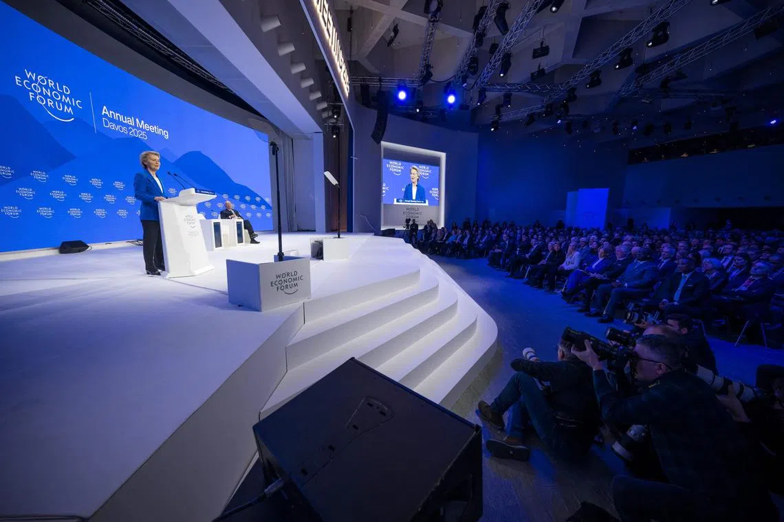European Commission President Ursula von der Leyen delivers a speech during the World Economic Forum annual meeting in Davos, on Jan 21.