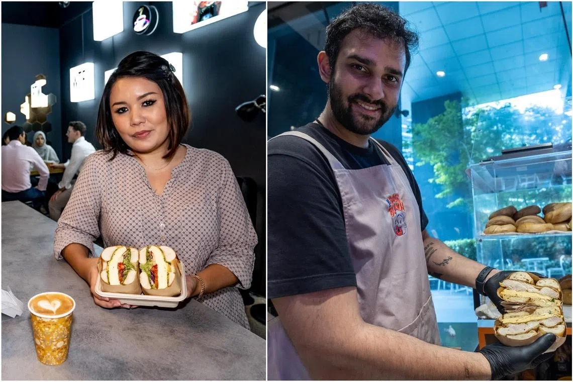 Ms Diyana Zarki (left) is the owner of Beigelhaus located near Maxwell MRT station. Mr Hemant Mathy is the owner of The Bagel Bunch, at The Metropolis in Buona Vista.