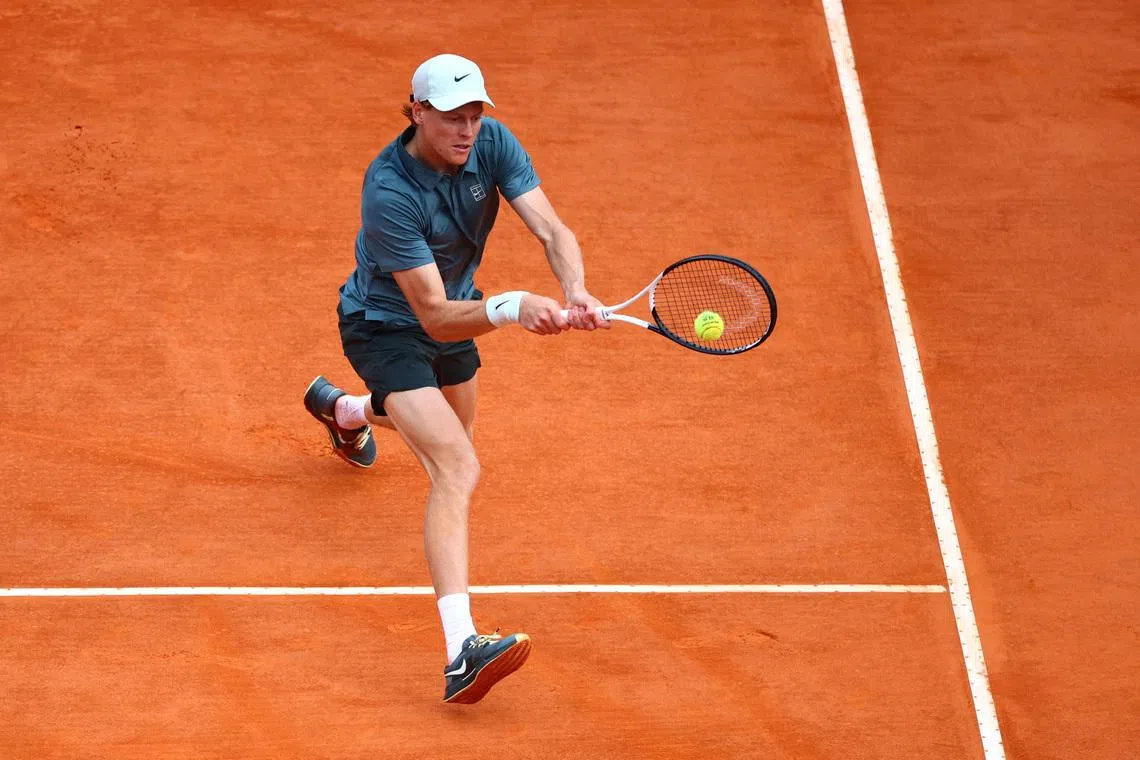 Tennis - ATP Masters 1000 - Monte Carlo Masters - Monte Carlo Country Club, Roquebrune-Cap-Martin, France - April 12, 2026 Italy's Jannik Sinner in action during his final match against Spain's Carlos Alcaraz REUTERS/Manon Cruz