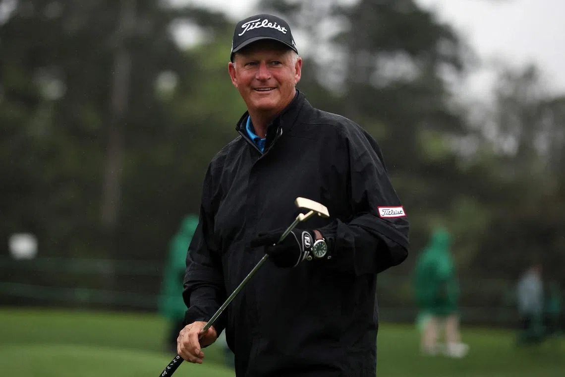 Scotland's Sandy Lyle reacts on the 18th green during the continuation of the weather delayed second round of the 2023 Masters Tournament at Augusta National Golf Club on April 08, 2023 in Augusta, Georgia.   Christian Petersen/Getty Images/AFP (Photo by Christian Petersen / GETTY IMAGES NORTH AMERICA / Getty Images via AFP)
