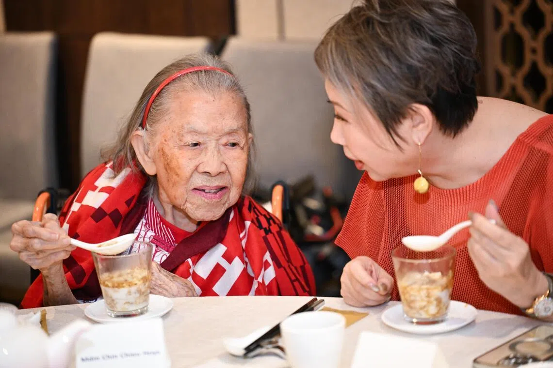 ST20260112-202686800906-Lim Yaohui-Chin Soo Fang-sfmeal12/

Madam Chin Chieu Hoye, 100, trying out steamed egg white with assorted mushrooms with her daughter Wong Ting Mei, 63, during media tasting by Imperial Treasure at Great World on Jan 12, 2026. 

The Singapore University of Social Sciences (SUSS) is working with Imperial Treasure and 5 Senses Cafe & Restaurant to develop chewing and swallowing-friendly menus.

Organised under SUSS’ Dignity Dining: Age Better, Age+ Community Engagement Series, this dining experience showcases how familiar local dishes can be adapted into appealing meals for individuals with dysphagia, without compromising on taste or presentation.

(ST PHOTO: LIM YAOHUI)