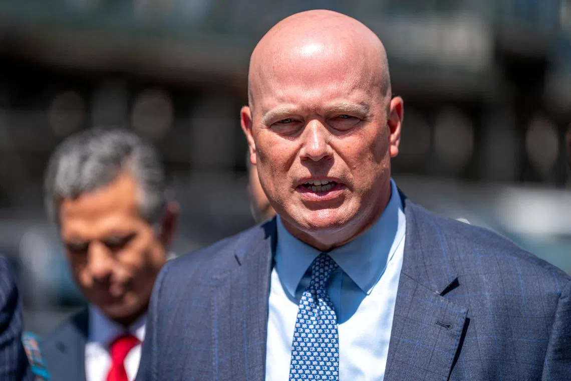 FILE PHOTO: Matthew Whitaker speaks during a press conference by supporters of former U.S. President Donald Trump after they attended his trial for allegedly covering up hush money payments linked to extramarital affair with Stormy Daniels, in Manhattan, New York City, U.S., May 21, 2024. REUTERS/David 'Dee' Delgado/File Photo