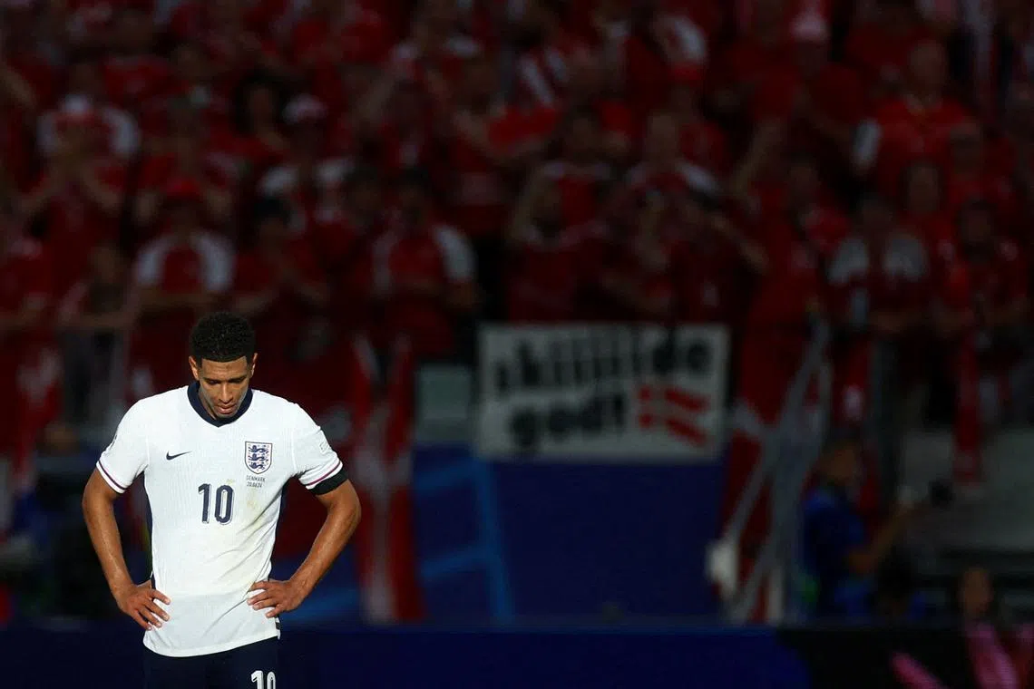 Soccer Football - Euro 2024 - Group C - Denmark v England - Frankfurt Arena, Frankfurt, Germany - June 20, 2024 England's Jude Bellingham looks dejected after the match REUTERS/Lee Smith
