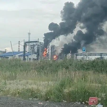 Fire at Omsk oil refinery on July 6 as the region’s governor says the province came under attack from Ukrainian drones, in Omsk, Russia.