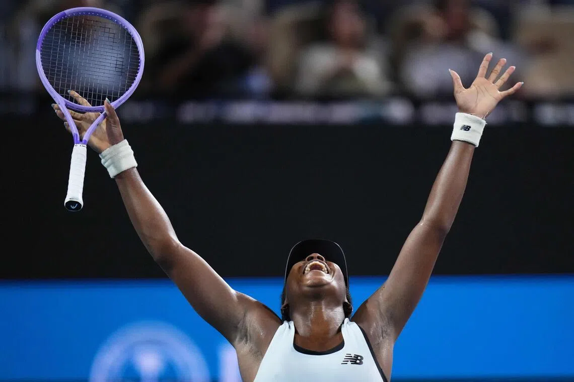 Coco Gauff, of the United States, celebrates after defeating Switzerland's Belinda Bencic  on March 24, in Miami Gardens, Florida.