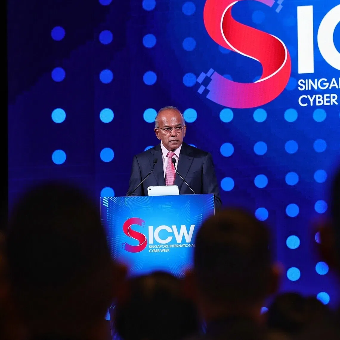Senior Minister K Shanmugam, who is also Coordinating Minister for National Security and Home Affairs Minister, delivering the opening address at the Singapore International Cyber Week 2026 on Oct 13.