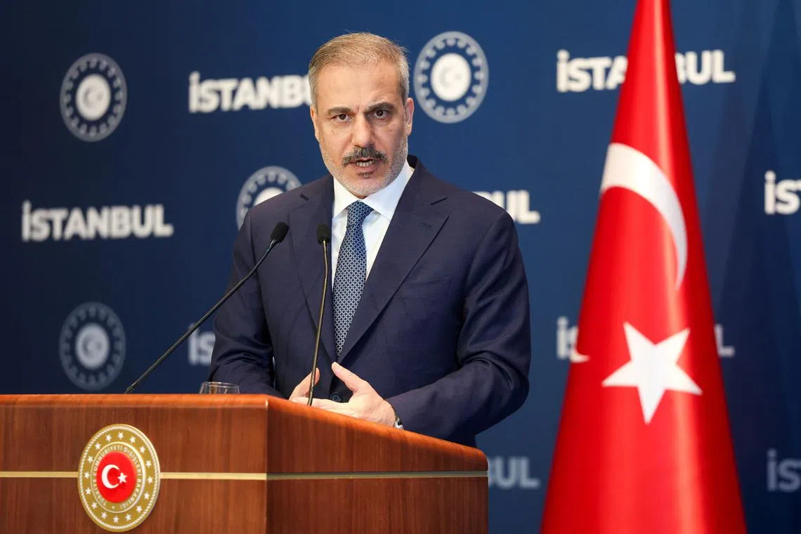Turkey's Foreign Minister Hakan Fidan speaks during a press conference following the inaugural meeting of the Balkans Peace Platform, a Turkish-led initiative aimed at fostering dialogue and cooperation across the Western Balkans, in Istanbul, Turkey, July 26, 2025. REUTERS/Murad Sezer/File Photo