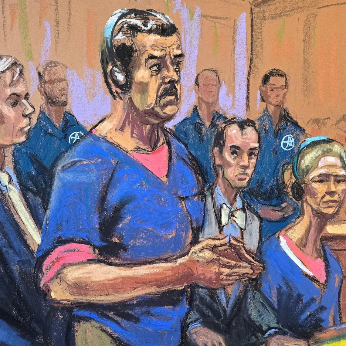 FILE PHOTO: Venezuela's captured President Nicolas Maduro and his wife Cilia Flores attend their arraignment with defense lawyers Barry Pollack and Mark Donnelly to face U.S. federal charges including narco-terrorism, conspiracy, drug trafficking, money laundering and others, at the Daniel Patrick Moynihan United States Courthouse in Manhattan, New York City, U.S., January 5, 2026 in this courtroom sketch. REUTERS/Jane Rosenberg/File Photo