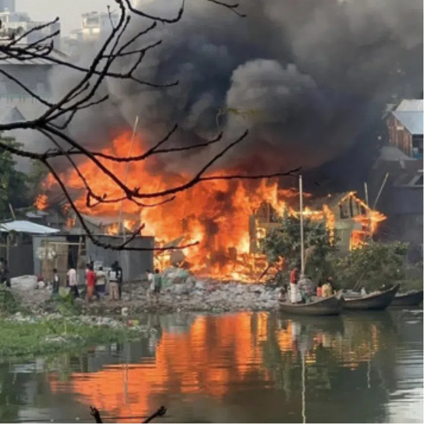 The blaze started shortly after sunset in the heart of the capital, in Korail — one of Bangladesh’s largest and most crowded slums.