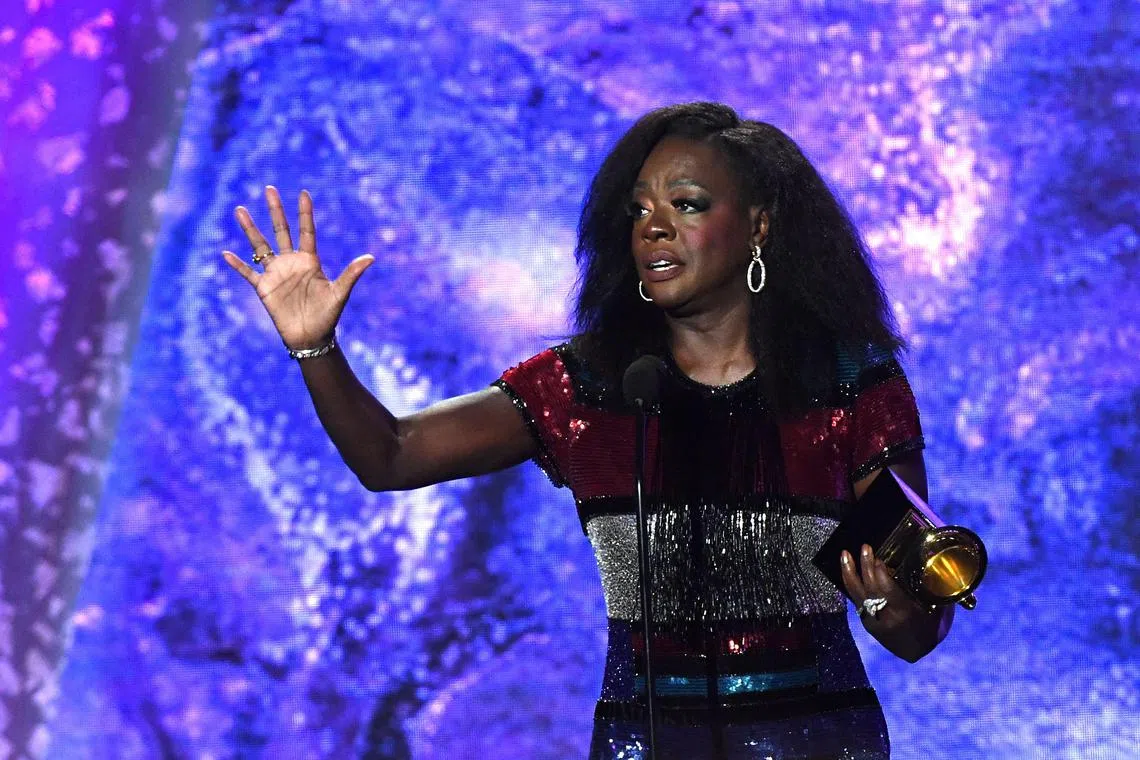 US actress Viola Davis accepts the award for Best Audio Book, Narration, and Storytelling Recording for her memoir Finding Me during the pre-telecast show of the 65th Annual Grammy Awards at the Crypto.com Arena in Los Angeles on Feb 5, 2023. 