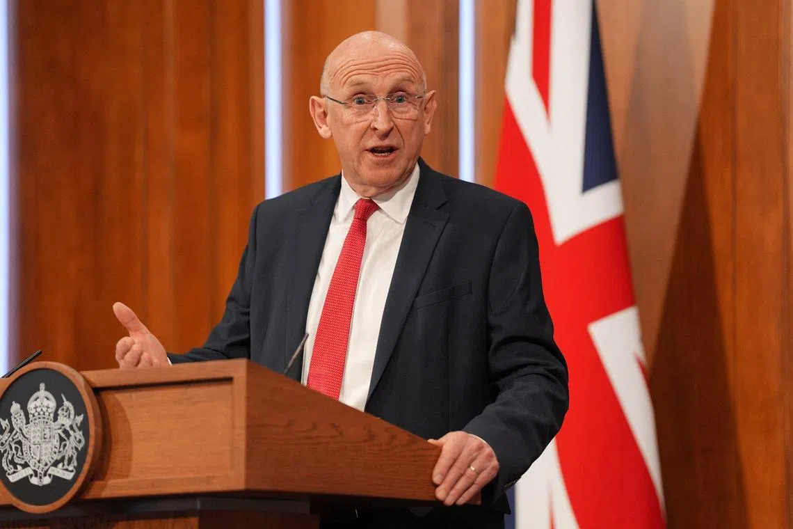 Britain's Defence Secretary John Healey delivers a statement on recent UK operational activity, he said the UK and allies monitored a Russian attack submarine and two spy submarines in the North Atlantic for a month before they retreated, at 9 Downing Street in Westminster, central London, Britain, April 9, 2026. Yui Mok/Pool via REUTERS
