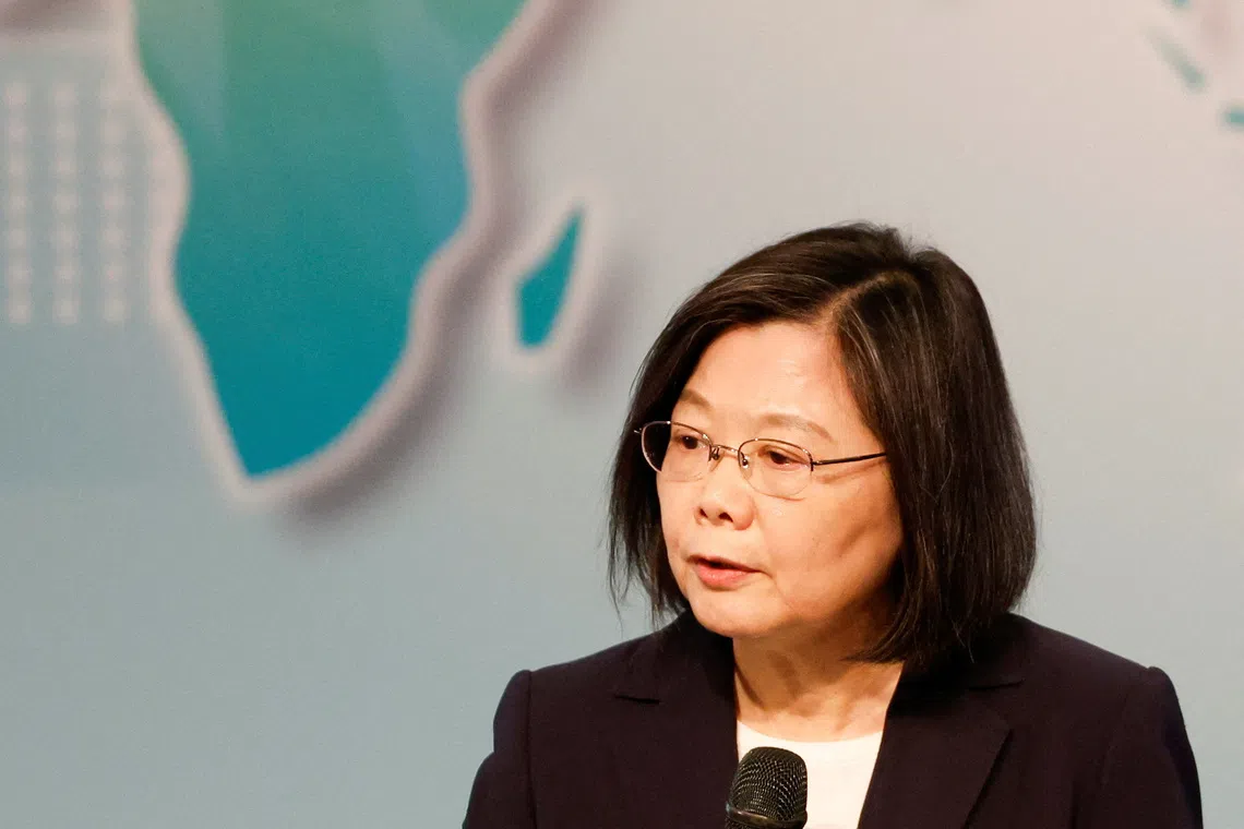 FILE PHOTO: Taiwan's President Tsai Ing-wen speaks during the Ketagalan forum in Taipei, Taiwan August 8, 2023. REUTERS/Carlos Garcia Rawlins/File Photo