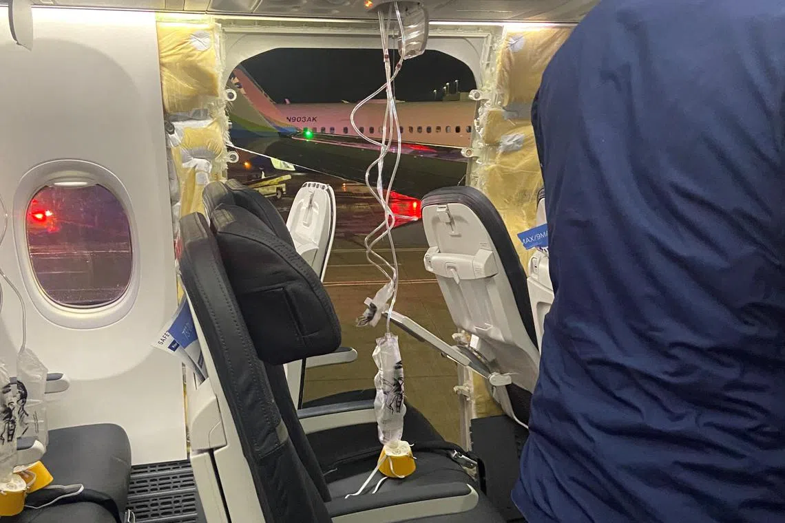 A door-shaped panel was ripped out as an Alaska Airlines 737 Max 9 climbed out of Portland on Jan 5.