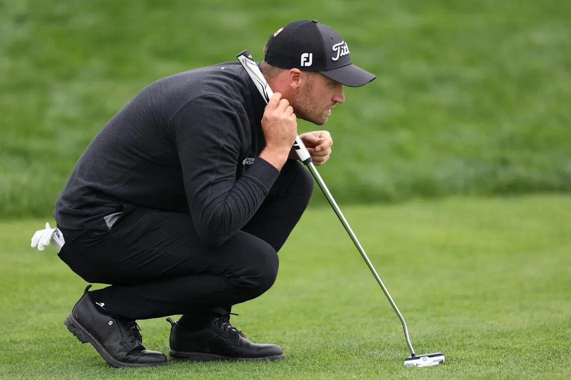 Wyndham Clark of the United States lining up a putt during the Pebble Beach Pro-Am at Pebble Beach Golf Links on Feb 3 in Pebble Beach, California. 