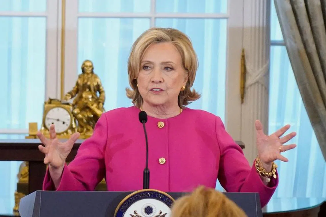 Former U.S. Secretary of State Hillary Rodham Clinton delivers remarks during the unveiling of her portrait, at the State Department in Washington, U.S., September 26, 2023. REUTERS/Ken Cedeno/File Photo