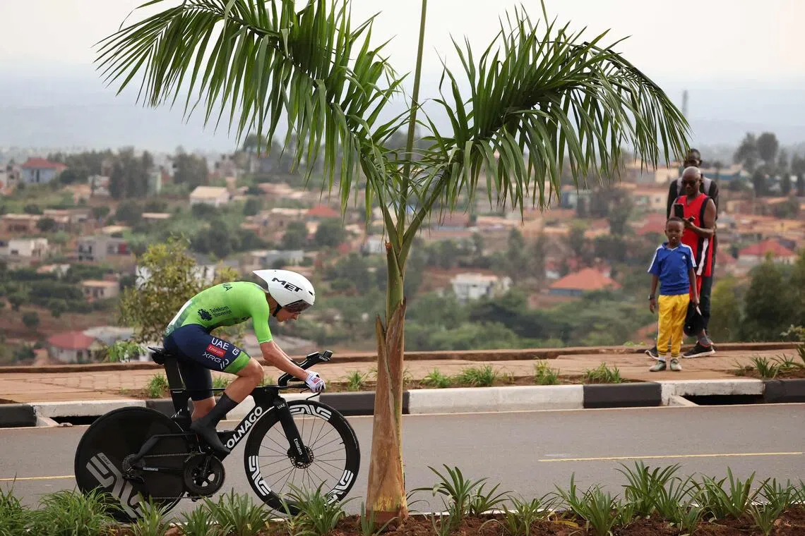 Slovenian rider Tadej Pogacar competes in the men's Elite Individual Time Trial cycling event during the UCI 2025 Road World Championships, in Kigali.