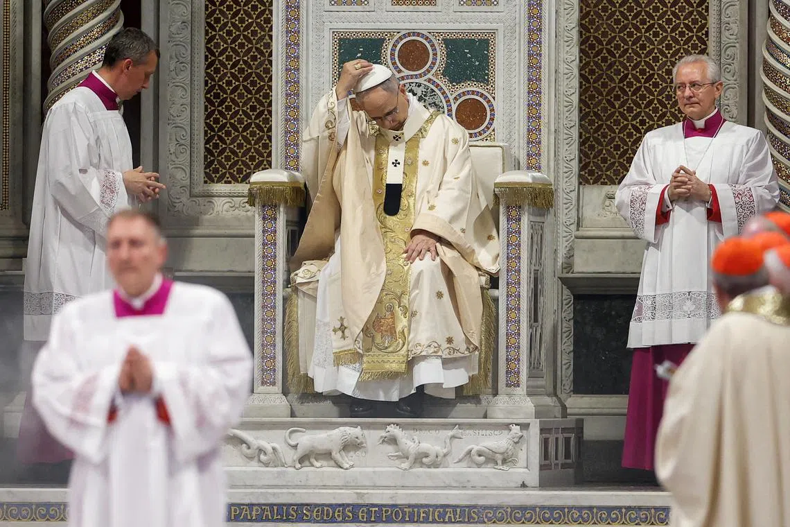 Pope Leo XIV celebrating Mass as he takes possession of the Basilica di San Giovanni in the Basilica of St John Lateran, in Rome, Italy, on May 25, 2025. 