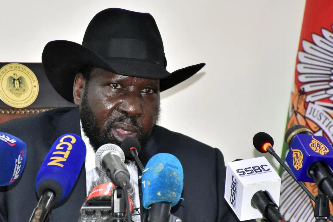 FILE PHOTO: South Sudan's President Salva Kiir addresses a news conference at the State House in Juba, South Sudan March 28, 2022. REUTERS/Jok Solomun/File Photo
