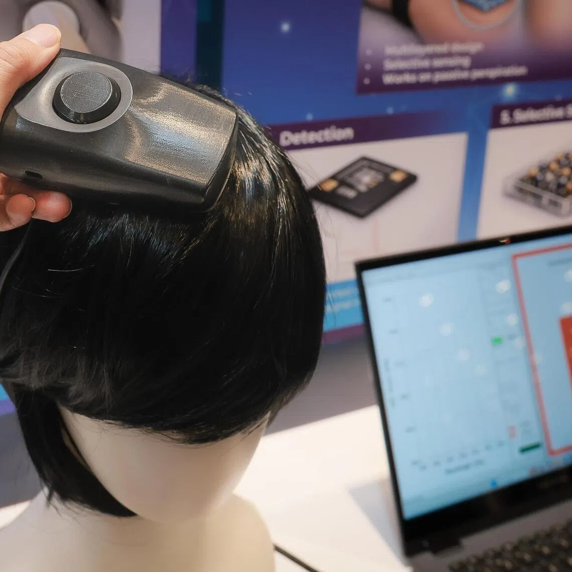A drug testing solution, “Hair Scanner for Detection of Drug Consumption”, is showcased at the exhibition during the Central Narcotics Bureau Workplan Seminar 2026.