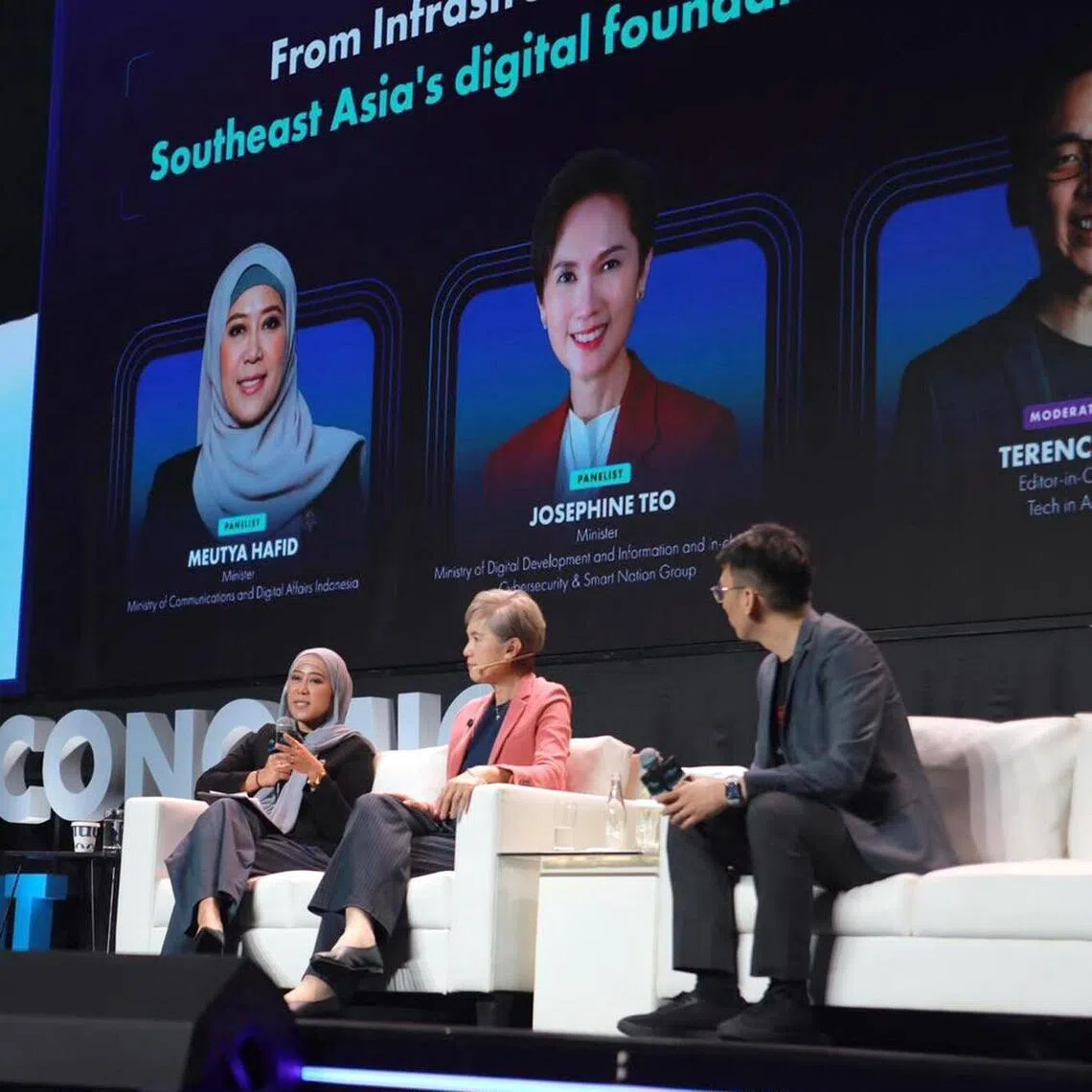Indonesia’s Communications and Digital Affairs Minister Meutya Hafid (left) and Minister for Digital Development and Information Josephine Teo (centre) at the Asia Economic Summit 2026.