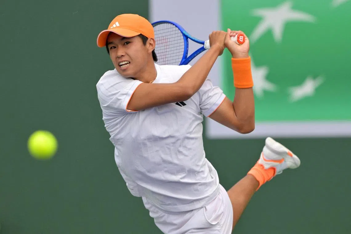FILE PHOTO: Mar 6, 2026; Indian Wells, CA, USA;  Learner Tien (USA) hits a shot in his round 2 match against Adam Walton (AUS) during the BNP Paribas Open at the Indian Wells Tennis Garden. Mandatory Credit: Jayne Kamin-Oncea-Imagn Images/ File Photo
