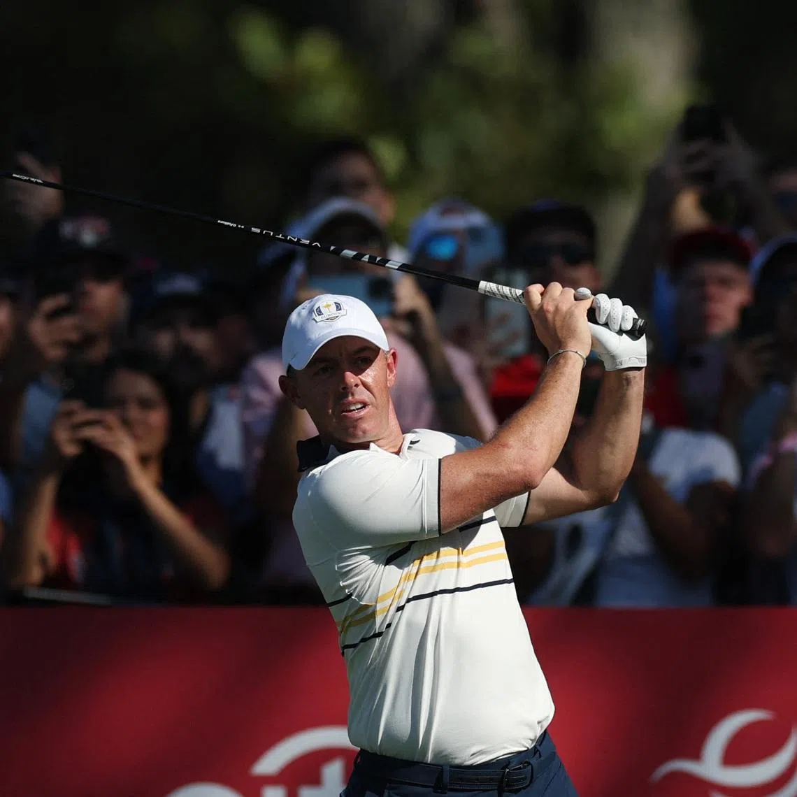Golf - The 2025 Ryder Cup - Bethpage Black Golf Course, Farmingdale, New York, United States - September 28, 2025 Team Europe's Rory McIlroy hits his tee shot on the 12th hole during the singles REUTERS/Paul Childs