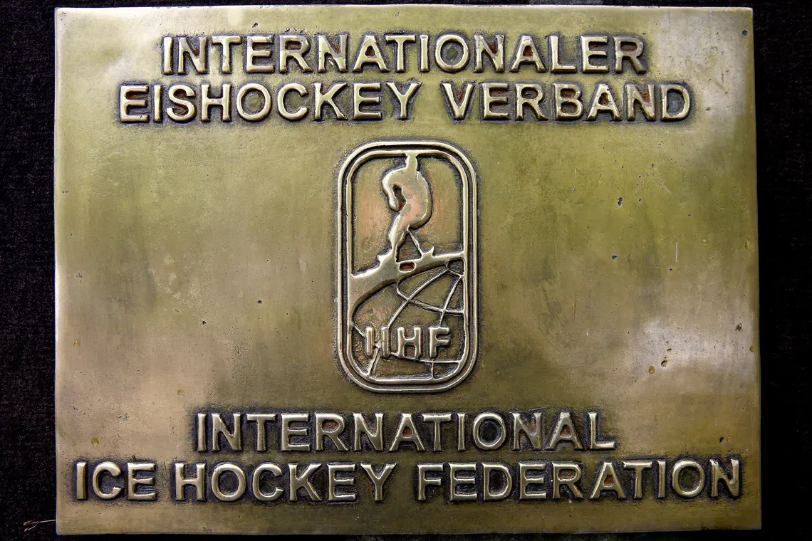 FILE PHOTO: The logo of the International Ice Hockey Federation (IIHF) is seen in front of its seat in Zurich, Switzerland April 26, 2016. REUTERS/Arnd Wiegmann/File Photo