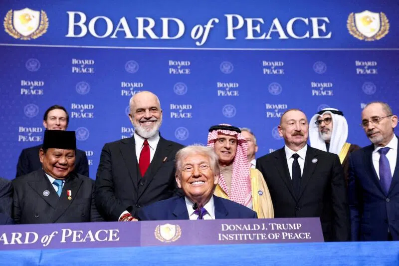US President Donald Trump and other leaders attending the inaugural Board of Peace meeting on Feb 19, 2026, at the US Institute of Peace in Washington DC.