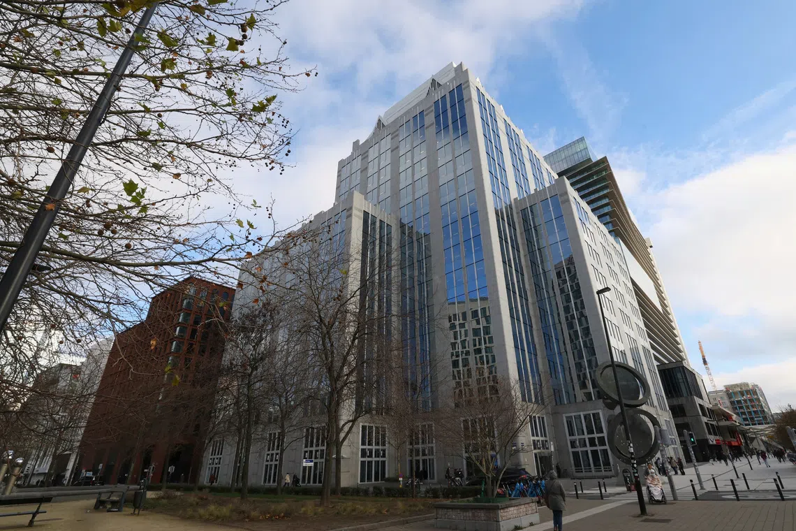 The headquarters of Euroclear, a Belgium-based central securities depository financial institution where the frozen Russian assets are held, in Brussels, Belgium December 5, 2025.  REUTERS/Yves Herman