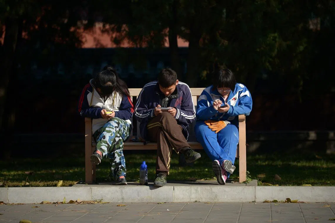 A group of young Chinese people play on their mobile phones at a park in Beijing on Nov 7, 2013. 
