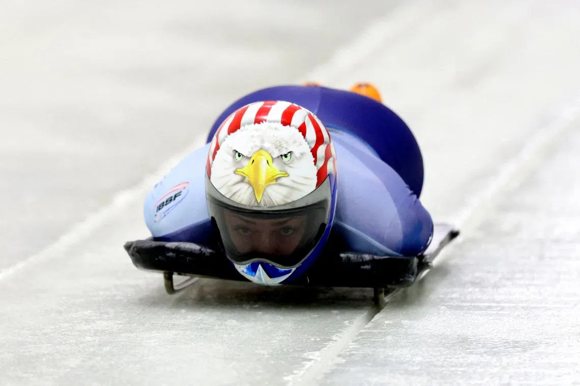 FILE PHOTO: Bobsleigh and Skeleton - IBSF World Championships - Mount Van Hoevenberg, Lake Placid, New York, United States - March 6, 2025 Katie Uhlaender of the U.S. in action during the women's skeleton REUTERS/Brendan Mcdermid/File Photo