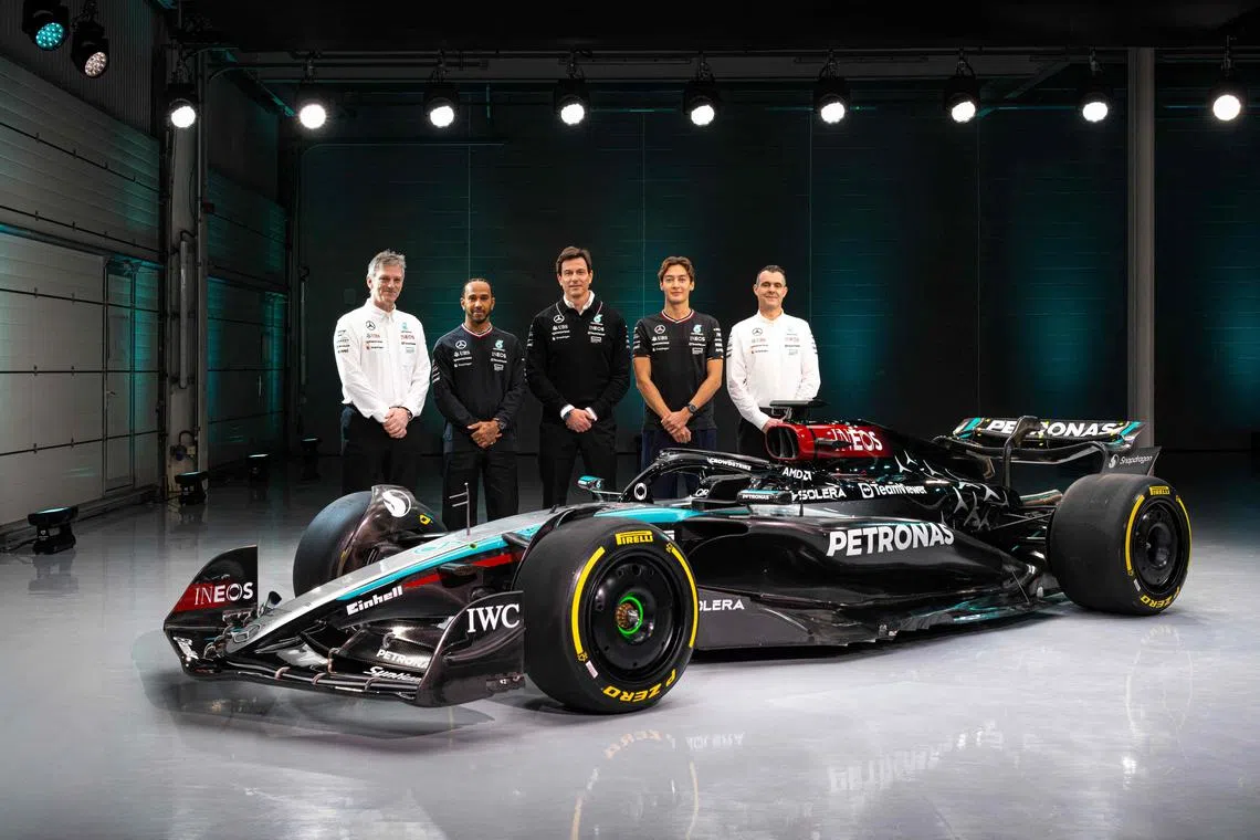 The W15 car has a silver nose, marking the 90th anniversary of Mercedes’ famed Silver Arrows, plus the familiar red, green and black of recent seasons.