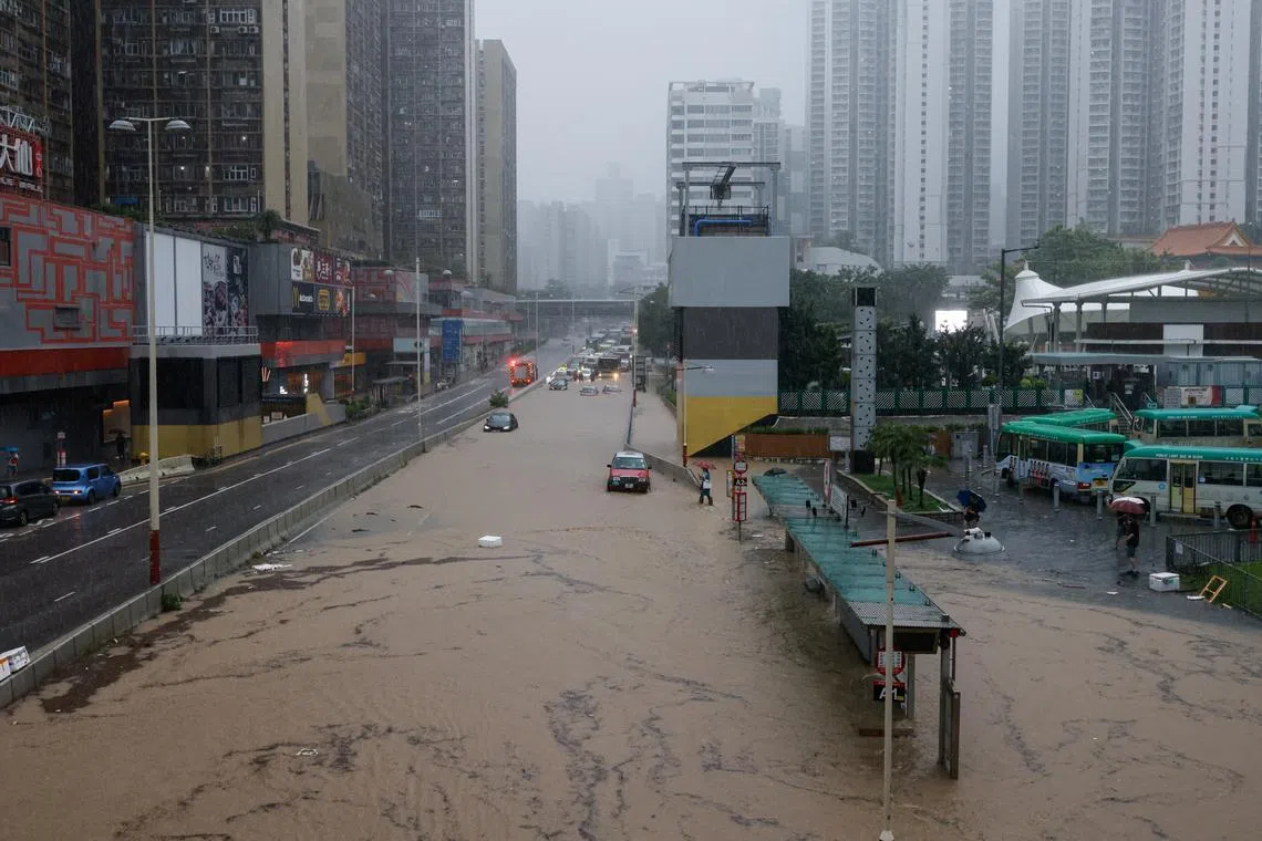 A view of a flooded road after heavy rains, in Hong Kong, China, Sept 8, 2023. 